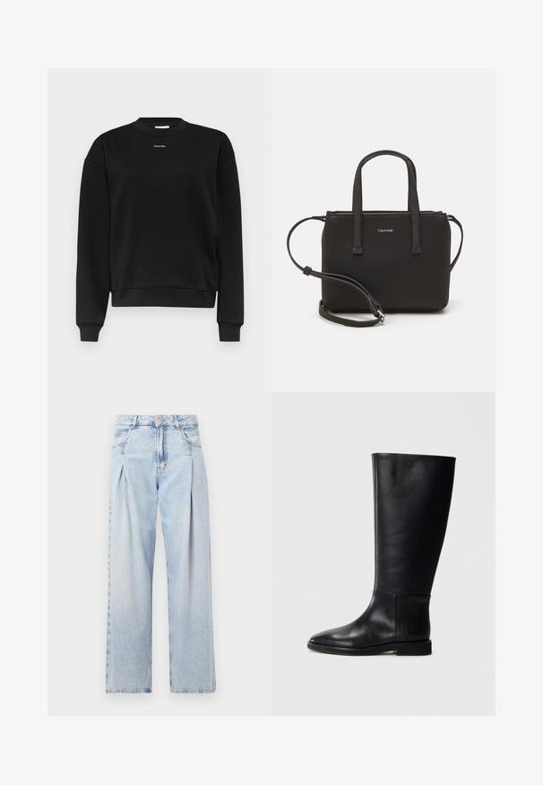 Sudadera negra con cuello redondo, mangas largas y puños acanalados. Presenta un pequeño logo blanco en el pecho. Material de suave mezcla de algodón.; Jeans de mezclilla azul claros con cintura alta, corte de pierna ancha, dos bolsillos laterales y un diseño plisado. Textura suave con un acabado deslavado.; Bota alta de cuero negro hasta la rodilla con punta redonda, textura suave, diseño minimalista y suela plana. Detalles de costura simples en el caña.; Bolso de mano negro con dos asas cortas y una correa de hombro removible. Material suave tipo cuero con cierre de cremallera y detalle del logo.