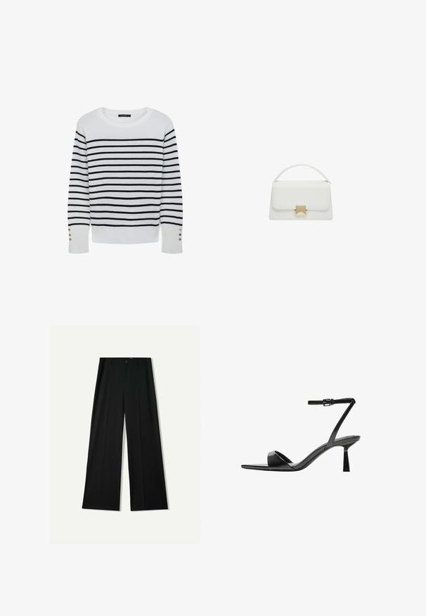 Weißer gestrickter Pullover mit schwarzen horizontalen Streifen, Rundhalsausschnitt und Knopfärmeln, die drei dekorative goldene Knöpfe haben.; Bershka WIDE - Stoffhose - black; Bershka High Heel Sandalette - black; Weiße Lederhandtasche mit strukturiertem Design, ausgestattet mit einem oberen Griff und einem goldfarbenen Verschluss. Glatte Textur und minimalistische Akzente.