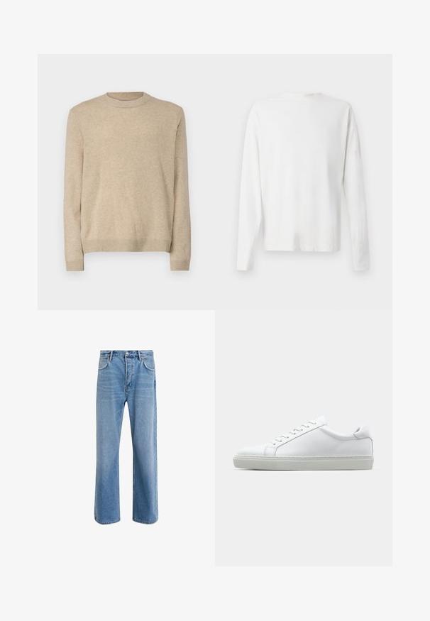 Pull en laine beige avec des manches longues, un col rond, et des bords côtelés. Texture douce et coupe classique sans embellissements.; Chemise en coton blanc à manches longues avec un col rond, fentes latérales en bas et une texture lisse, présentée de dos.; Jeans en denim bleu clair avec une coupe droite, cinq poches, fermeture à bouton, peu d'usure et des détails de couture contrastés.; Sneaker blanche avec une tige en cuir lisse et un profil bas. Présente un bout arrondi, six œillets et une semelle en caoutchouc texturé.