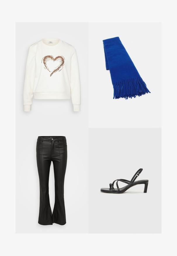 Sweatshirt bianco con un design a cuore in paillettes oro rosa metallizzato sul davanti, con polsini e fasce in costina, e un classico collo rotondo.; Pantaloni neri a campana con una finitura lucida simile alla pelle, dotati di tasche frontali, chiusura con bottone e fessure laterali all'orlo.; Sandalo nero con cinturini, dalla punta squadrata e tacco basso a blocco. Presenta diversi cinturini sottili e una cinturini regolabile alla caviglia. Realizzato in pelle liscia.; Sciarpa blu intrecciata con estremità frangiate, texture liscia, forma rettangolare e colore uniforme su tutta la superficie. Adatta per il freddo.; Anello doppio in argento con superficie liscia e lucida. Presenta un design fluido e curvo con sezioni sovrapposte per un aspetto moderno.