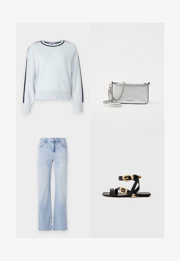 Világoskék pulóver kerek nyakú, hosszú ujjal és sötétkék oldalsávokkal. A mandzsetták és az alsó szegély bordázott, puha textúrából készült.; Világoskék farmer bővülő nadrág ötpocketes dizájnnal, övszalagokkal és gombos záródással. Puha tapintású, enyhén kopott hatású.; Fekete bőr szandál arany csattal, több hevederrel és lapos talpú dizájnnal, nyitott lábujjú viselethez.; Ezüst bőr keresztpántos táska texturált felülettel, lánc- és pántdíszítéssel, valamint cipzáras záródással. Elöl logó található.