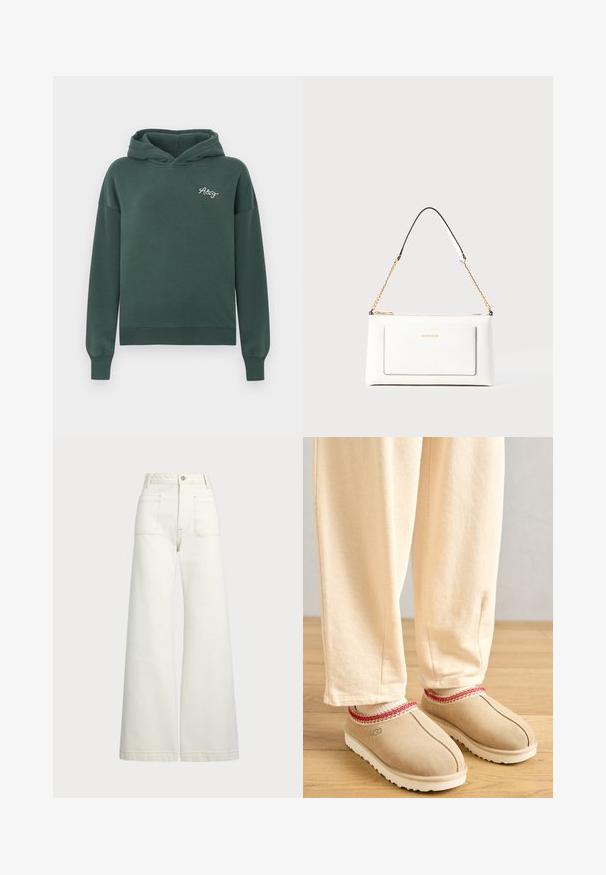 Hoodie vert en mélange de coton doux, avec une poche kangourou à l'avant, des poignets côtelés et un petit logo brodé sur la poitrine.; Jeans large en denim écru. Design taille haute avec une fermeture à bouton, deux poches avant et des détails de surpiqûres contrastantes.; Sabots en suède beige clair avec une bordure décorative rouge et une semelle en caoutchouc blanc, associés à un pantalon beige clair, posés sur un sol en bois.; Sac à main en cuir blanc avec un fini texturé, doté d'une bandoulière en chaîne dorée et d'accents noirs. Comprend une poche avant et une fermeture éclair.