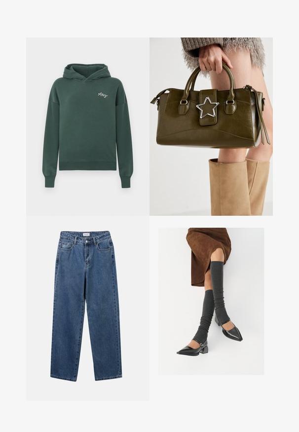 Grønn hettegenser laget av myk bomullsblanding, med en frontlomme, ribbestrikkede mansjetter og en liten brodert logo på brystet.; Klassiske blå denimjeans med rett ben-design, fem lommer og knappelukking. Har en middels vask og solid tekstur.; Sorte lakkpumps med spiss tå, blokkhel, og ankelstropp, kombinert med grå ribbestrikkede beinvarmere og et brunt semsket skinn skjørt.; Oliven grønn faux lær håndveske med sølvstjerneakcent, doble håndtak og glidelåslukking. Teksturert overflate og strukturert form.