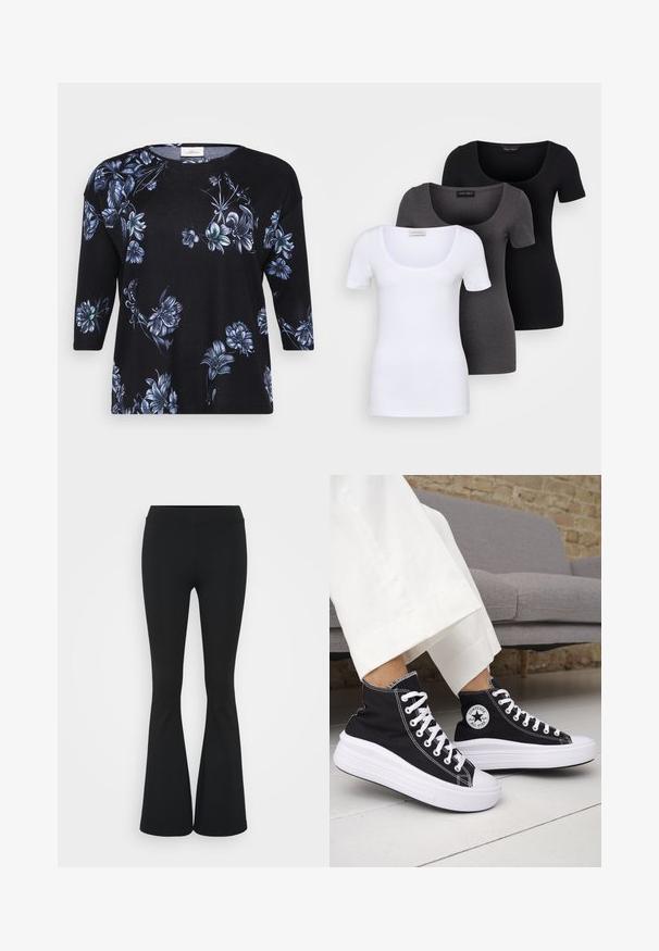 Črna majica s tričetrtinskimi rokavi, okrašena s cvetličnim vzorcem v odtenkih modre. Narejena iz mehkega materiala s krožnim izrezom.; Tri prilegla majica v beli, sivi in črni barvi. Vsaka ima širok izrez na vratu in kratke rokave. Narejene so iz gladkega, raztegljivega materiala.; Črne hlače s širokimi hlačnicami, izdelane iz raztegljive tkanine, z visokim pasom in gladko teksturo. Hlače se širijo od kolena navzdol.; Črni visoki supergi z belimi gumijastimi podplati in vezalkami. Na njih je okrogel logotip in kontrastno belo šivanje. Iz blaga platna.