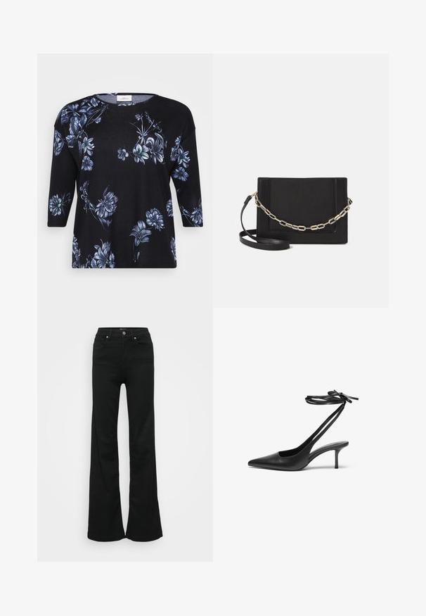 Svart topp med tre fjärdedelars ärm som har en blommig design i nyanser av blått. Tillverkad av mjukt tyg med rund halsringning.; Svarta utsvängda jeans i denim, med hög midja, fem fickor och metallknappstängning. Slät textur med minimal detaljering.; Svart lädersandalett med spetsig tå, öppen baksida och ankelremmar som är knutna i en rosett. Smal 3-tums klack. Slät textur, minimalistisk design.; Svart läder crossbody-väska med en slät yta, rektangulär form och metallickedjedetalj på framsidan. Justerbar rem ingår.