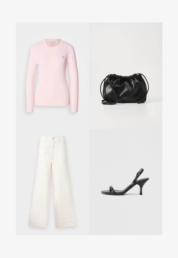Rosa kabelstrikket genser med lange ermer, rund hals, ribbestrikket kant og mansjetter. Liten logodetalj på brystet. Myk tekstur.; Vide bukser i lys beige bomull. Har høy midje, frontlommer og rett passform. Renslig søm uten mønstre.; Sorte skinnhøye hæler med en slank, buet hæl og et kryssrem-design. Justerbar ankelrem. Glatt tekstur.; Svart lærveske med samlet design, dobbel snoråpning og avtagbar skulderrem. Har metallisk logodetalj.