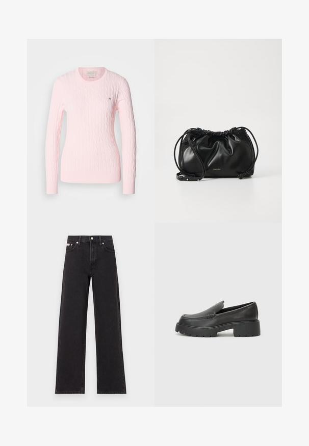 Růžový svetr se vzorem pletení, dlouhé rukávy, kulatý výstřih, žebrovaný lem a manžety. Malý logo detail na hrudi. Měkká textura.; Černé široké jeansy vyrobené z denimu, s vysokým pasem, pěti kapsami a kovovým zapínáním s kontrastním prošíváním.; Černé kožené mokasíny s okrouhlou špičkou, silnou strukturovanou podrážkou a minimálními detaily šití. Elegantní design bez viditelných tkaniček nebo kovových prvků.; Černá kožená kabelka s nařaseným designem, dvojitým stahovacím uzávěrem a odnímatelným ramenním popruhem. Obsahuje detail s metalickým logem.