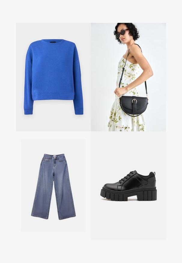 Sweatshirt azul com decote redondo, mangas longas e um corte cropped. Feito de um tecido suave e liso de mistura de algodão. Sem padrões ou detalhes.; Calças de ganga de perna larga numa lavagem azul clara, com uma cintura alta, bolsos frontais e fecho de botão com passadores para cinto.; Sapatos de plataforma em couro preto com um salto bloco robusto, bico redondo e design clássico de atacadores. Apresentam uma textura suave e detalhes mínimos.; Bolsa de couro preta com forma curva, alça destacável e detalhes em dourado. A bolsa possui uma aba com detalhe de fivela.