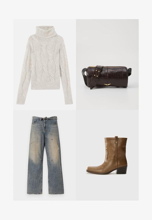 Hellgrauer Kabelstrickpullover mit hohem Rollkragen, langen Ärmeln und geripptem Saum. Weicher, strukturierter Stoff mit einem gemütlichen Aussehen.; Helle blaue Denim-Jeans mit einem lockeren, geraden Schnitt. Verfügt über Ausbleichungen, Verwaschungen und abgenutzte Details an den Knien. Klassisches Fünf-Taschen-Design.; Braune Leder-Ankle-Boots mit quadratischer Zehenform, strukturiertem Finish und niedrigem, gestapeltem Absatz. Ausgestattet mit einer Zuglasche auf der Rückseite und dezenten Stickdetails.; Braune, krokodilgeprägte Lederhandtasche mit zylindrischer Form, goldfarbener Hardware und einem abnehmbaren Tragegurt mit Nieten.