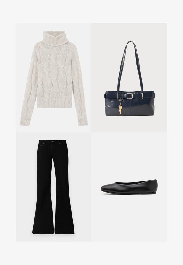 Pull en maille torsadée gris clair, avec un col roulé haut, des manches longues et un ourlet côtelé. Tissu doux et texturé avec une apparence chaleureuse.; Jean évasés noirs en denim, avec un design classique à cinq poches, fermeture à bouton et détails de couture subtils le long des coutures.; Paul Smith TOPANGA - Ballerines - black; Sac à main en cuir bleu marine avec deux longues poignées, un détail de boucle et un porte-clés accroché. Il présente une texture lisse et une forme rectangulaire.