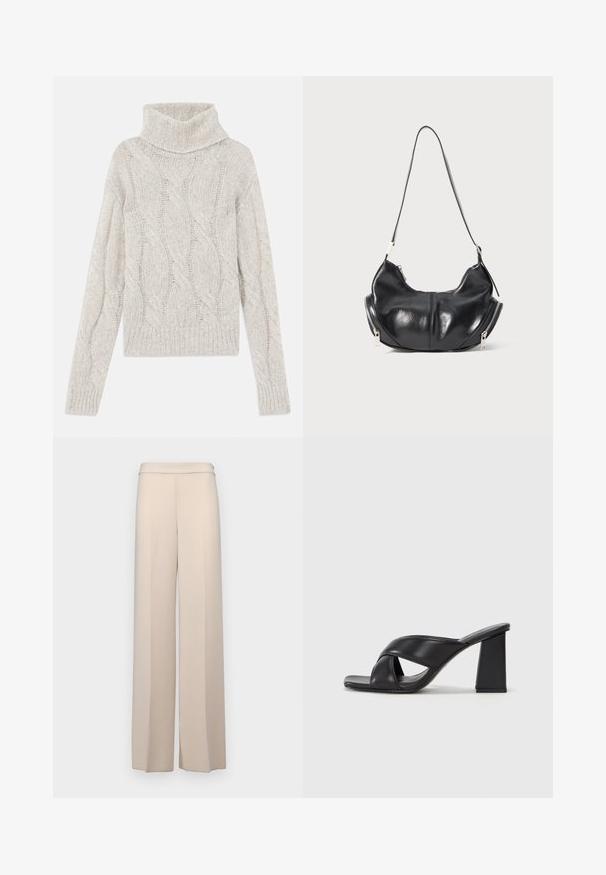 Pulover din tricotaj cu cabluri de culoare gri deschis, având un guler înalt, mâneci lungi și un tiv cu nervuri. Material moale, texturat, cu un aspect confortabil.; Pantaloni bej cu picioare largi dintr-un material neted, având talie înaltă și plisuri frontale subtile. Fără buzunare sau detalii de hardware vizibile.; MAX&Co. SOHO - Sandale cu toc - schwarz; Geantă de umăr din piele neagră, în formă de semilună, cu fermoare argintii pe ambele părți și o singură curea.