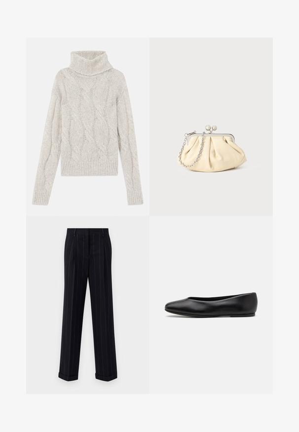 Light gray cable-knit sweater, featuring a high turtleneck, long sleeves, and a ribbed hem. Soft, textured fabric with a cozy appearance.; Black pinstriped trousers with a tailored fit, featuring a cuffed hem and front pleats. Made of smooth fabric with a structured design.; Paul Smith TOPANGA - Ballet pumps - black; Pleated beige leather clutch with a silver metal frame, featuring two round decorative clasps and a silver chain strap.