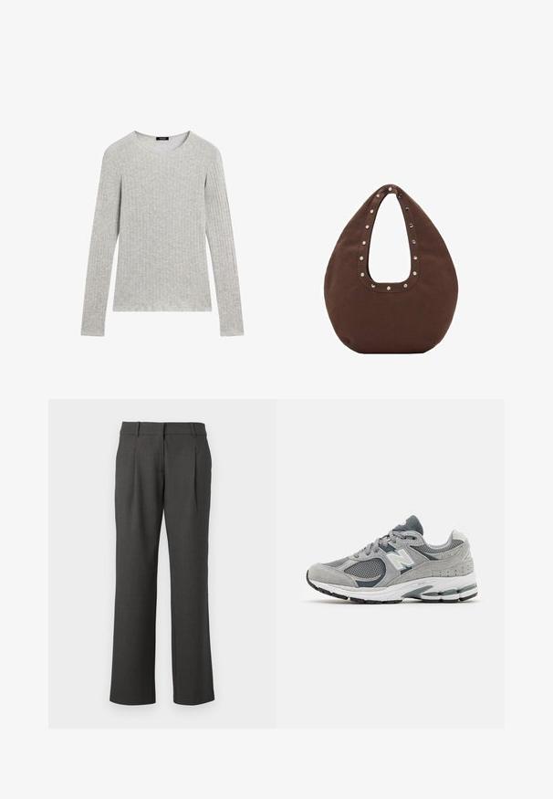 Grijze langemouwen shirt met een geribde textuur en ronde halslijn. Eenvoudig ontwerp met gelijkmatige stitching; geen zichtbare patronen of accenten.; Donkergrijze formele broeken met rechte pijpen, ceintuurlussen en voorplooien, tegen een witte achtergrond weergegeven.; Grijze sneaker van mesh en suede materialenen, met een wit logo, gevoerde kraag en een geribbeld rubberen zool. Accentkleuren in donkerder grijs.; Bruine totebag met een gebogen vorm, met een grote uitsnijding voor het handvat, versierd met zilveren studs langs de rand. Gemaakt van zachte stof.