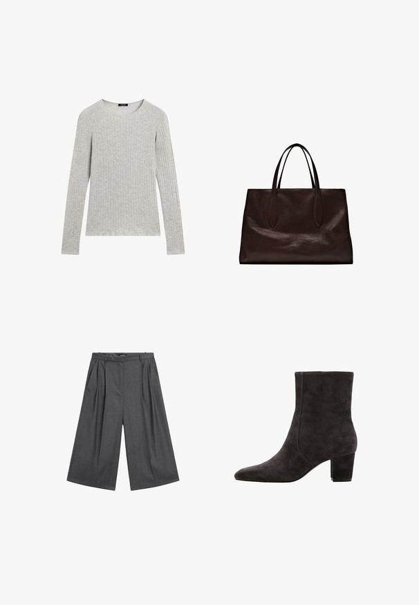 Graues Langarmshirt mit strukturiertem Rippmaterial und rundem Ausschnitt. Einfaches Design mit gleichmäßigen Nähten; keine sichtbaren Muster oder Akzente.; Graue, weit geschnittene Hose aus strukturierter Stoffqualität mit Falten vorne, hoher Taille und Seitentaschen. Flacher Bund ohne sichtbaren Verschluss.; Dunkelgrauer Wildleder-Stiefelette mit spitzer Spitze und Blockabsatz. Das Design zeichnet sich durch eine glatte Textur und minimalistische Nahtdetails aus.; Massimo Dutti Handtasche - brown