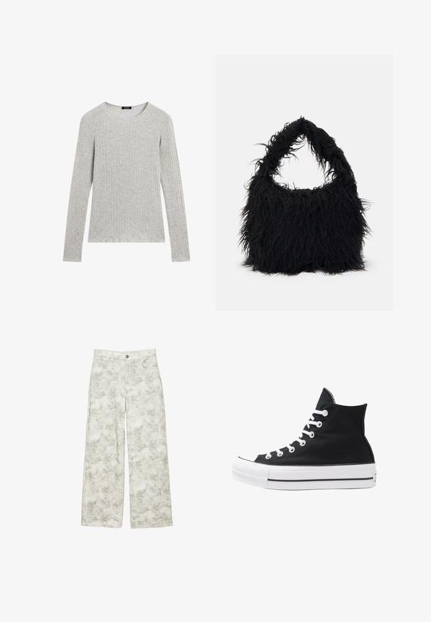 Šedá dlouhá rukávová košile s žebrovanou texturou a kulatým výstřihem. Jednoduchý design s rovnoměrným šitím; žádné viditelné vzory ani akcenty.; Bílé široké džíny s jemným květinovým vzorem v šedé a světle zelené barvě, s pěti kapsami a stříbrným zapínáním na knoflík.; Černý plátěný sneaker s vysokým střihem, bílými očky, tkaničkami a gumovou podrážkou. Obsahuje texturovanou špičku a černobílé pruhy.; Even&Odd Velká kabelka - black