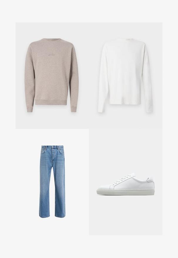 Felpa grigia chiara realizzata in tessuto morbido, con collo rotondo, maniche lunghe e polsini e orlo a coste. Logo discreto ricamato sulla parte anteriore.; Camicia bianca in cotone a maniche lunghe con scollatura rotonda, spacchi laterali in fondo e una texture liscia, mostrata da dietro.; Jeans in denim blu chiaro con design a gamba dritta, cinque tasche, chiusura con bottone, leggero sbiadimento e dettagli di cucitura a contrasto.; Sneaker bianco con tomaia in pelle liscia e profilo basso. Presenta una punta arrotondata, sei occhielli e una suola in gomma testurizzata.