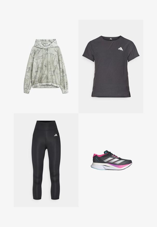 Sweatshirt à capuche gris clair avec divers motifs de texte manuscrit gris foncé, poignets élastiques et cordon pour la capuche.; T-shirt de sport à manches courtes, gris foncé avec une texture perforée. Présente un logo blanc et des rayures latérales contrastantes. Encolure arrondie.; Leggings noirs taille haute en matière lisse et extensible, avec un petit logo Adidas blanc sur la hanche gauche.; Chaussure de course avec une tige en maille grise, des accents roses et des rayures blanches. Dispose d'une semelle rembourrée et d'un design aérodynamique élégant.