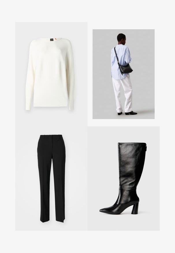 Λευκό πλεκτό πουλόβερ με στρογγυλή λαιμόκοψη και μακρύ μανίκι. Διαθέτει ριχτή τελείωση και μανσέτες. Ετικέτα ορατή στη λαιμόκοψη. Μαλακή υφή.; Μαύρο παντελόνι με ραφή που έχει σχεδιασμό ίσιας γραμμής, διαθέτει λεία υφή και καθαρές πτυχώσεις κατά μήκος της μπροστινής πλευράς. Χωρίς ορατό μεταλλικό υλικό.; Μαύρη δερμάτινη μπότες μέχρι το γόνατο με μυτερή μύτη, λεία υφή και χοντρό τακούνι. Διαθέτει λεπτομέρεια φερμουάρ στο πίσω μέρος.; Μαύρη δερμάτινη τσάντα ώμου με απαλή υφή, τριγωνικό σχήμα και ρυθμιζόμενο λουρί, συνδυασμένη με ένα ανοιχτό μπλε ριγέ πουκάμισο και λευκό παντελόνι.