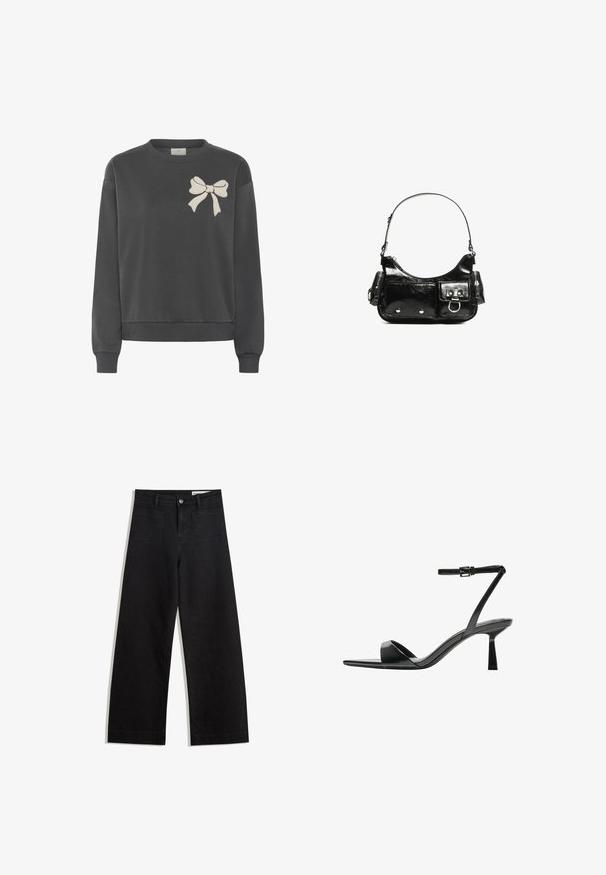 Temno siva pulover iz bombažne mešanice z okroglim izrezom in vezeno svetlo bež pentljo na levem prsnem delu. Ima rebrovane manšete in rob.; Črne široke denim hlače z visokim pasom, ki imajo sprednje in zadnje žepe, šivane šive ter gumbasto zapiranje. Gladka tekstura.; Bershka Sandali z visoko peto - black; Črna lakasta usnjena torbica s ukrivljeno obliko, enim ramenskim trakom, sprednjimi žepi in srebrnimi kovinskimi dodatki.