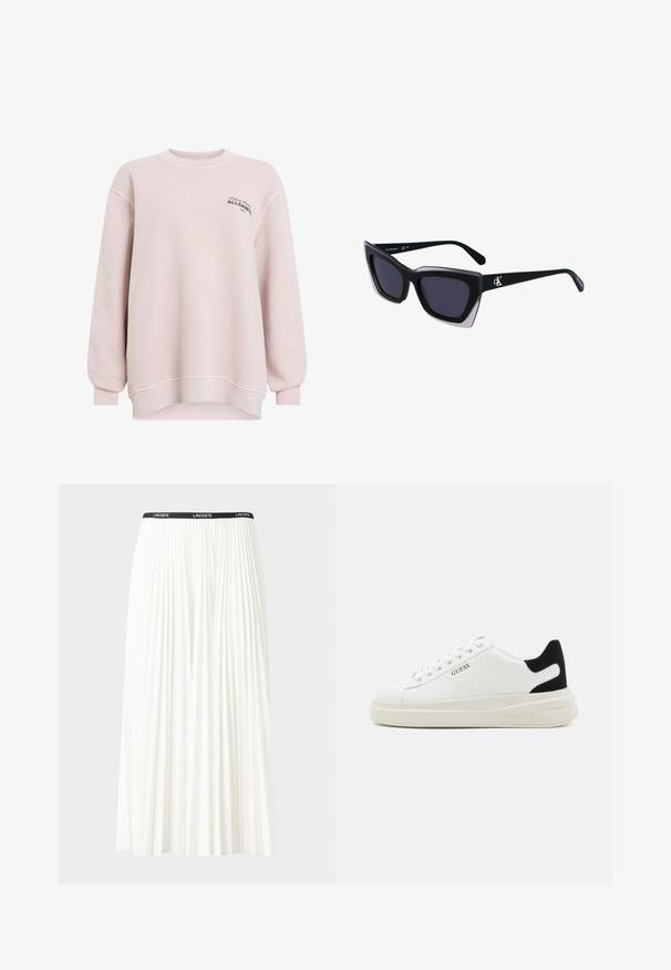 Kerge roosa sweatshirthi, mis on valmistatud pehmest kangast. Omab ümmargust kaelust, pikki varrukaid ja logo detailimist vasakul rinnal. Vaba lõige.; Kurtitudega valge seelik musta elastse vööga, millel on "LACOSTE" logo. Keskmise pikkusega disain pehme tekstuuriga.; Valged nahast tennisetossud paksu valge tallaga, musta sametist kontsakeeuga ja külje peal riigilogo reljeefne kujundus. Lukkeskeem kuue silmaauguga.; Mustad suured mustad prillid geomeetrilise kujuga, tumedate läätsedega ja kontrastse halli detailiga raamidel. Logo käe peal.