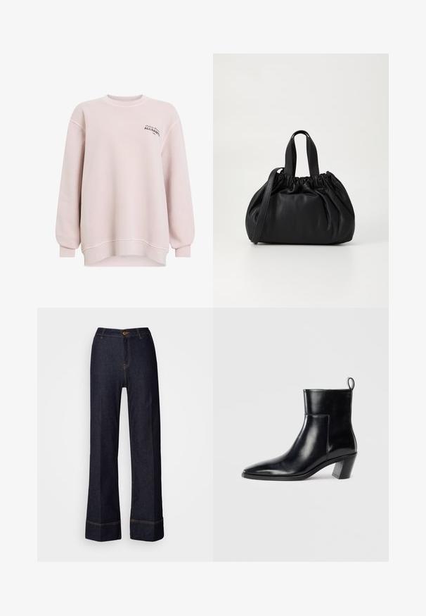 Ljusrosa sweatshirt i mjukt tyg. Har rundad hals, långa ärmar och logodetaljer på vänster bröst. Avslappnad passform.; Mörka jeansbyxor med vida ben och hög midja, med en framknäppning och orange stickningar. Slät textur överallt.; Svart läderankelboot med spetsig tå, geometrisk staplad klack och dragflik på baksidan. Slät textur och eleganta linjer.; Svart läderhandväska med en samlad toppdesign, som har två korta handtag och ett långt justerbart axelband. Slät textur, rund form.