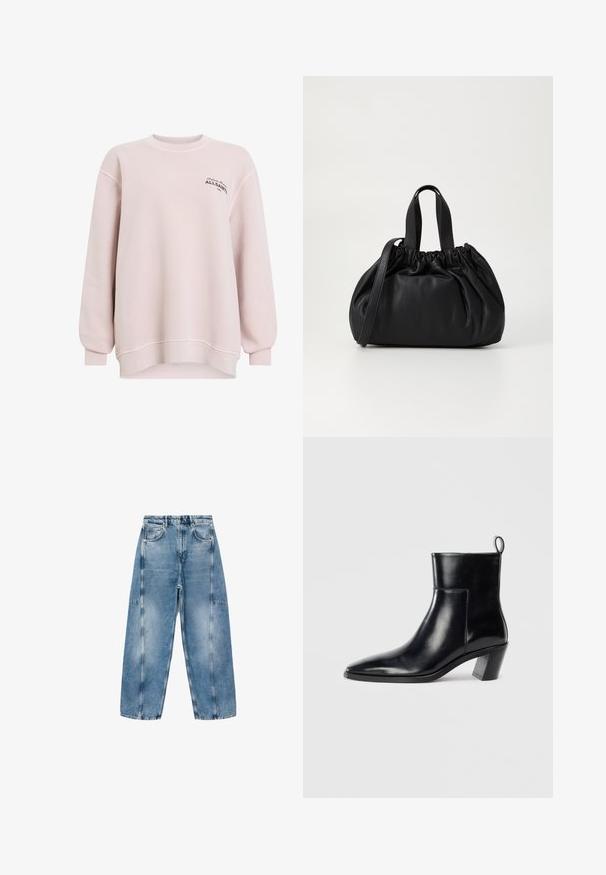 Hanorac roz deschis, realizat dintr-un material moale. Dispune de guler rotund, mâneci lungi și detaliu cu logo pe partea stângă a pieptului. Croi lejer.; Jeans din denim albastru deschis au un croi lejer, buzunare mari și cusături contrastante. Materialul are un finisaj decolorat, cu o textură netedă.; Cizme negre din piele până la gleznă, cu vârful ascuțit, toc geometric patrulat și un manșon pentru tragere în spate. Textură netedă și design elegant.; Geantă de mână din piele neagră cu un design cu partea superioară plisată, având două mânere scurte și o curea lungă ajustabilă. Textură netedă, formă rotunjită.