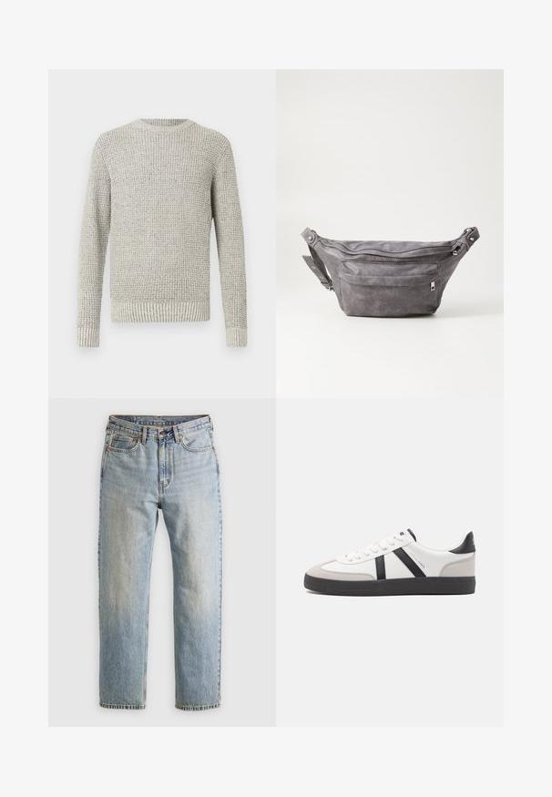 Maglione lavorato a maglia grigio chiaro con un motivo a coste testurizzato. Caratterizzato da un collo rotondo e maniche lunghe, con polsini e orlo a coste.; Jeans in denim azzurro chiaro con vita alta, bottone anteriore, cerniera e design a cinque tasche, adagiati su uno sfondo neutro.; Sneaker bianco con accenti neri e grigi, dotata di una punta grigia testurizzata, suola in gomma nera e lacci bianchi piatti. Design pulito, stile minimalista.; Fanny pack in suede grigio con forma arrotondata, due scomparti con cerniera e tracolla regolabile. Presenta dettagli in metallo.