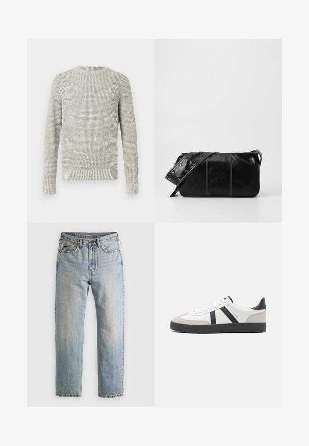 Lichtgrijze gebreide trui met een gestructureerd, geribbeld patroon. Heeft een ronde halslijn en lange mouwen, die eindigen met geribbelde manchetten en een geribbelde zoom.; Lichtblauwe denim jeans met hoge taille, frontknop, rits en vijfzakkenontwerp, plat gelegd op een neutrale achtergrond.; Witte sneaker met zwarte en grijze accenten, voorzien van een grijze neus met textuur, zwarte rubberen zool en platte witte veters. Schoon ontwerp, minimalistische stijl.; Zwarte leren schoudertas met een ritsluiting, voorzien van een gestructureerd lichaam, witte stiksels en een band met zilveren oogjes.