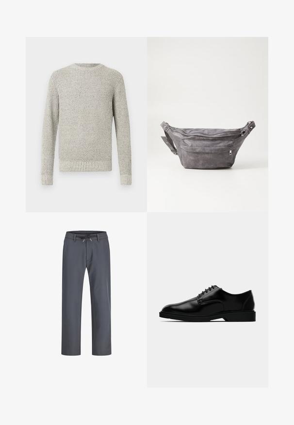 Maglione lavorato a maglia grigio chiaro con un motivo a coste testurizzato. Caratterizzato da un collo rotondo e maniche lunghe, con polsini e orlo a coste.; Pantaloni grigi con vita elastica e cordoncino. Design a gamba dritta, realizzati in tessuto liscio, caratterizzati da cuciture minime e senza hardware visibile.; Scarpe da uomo in pelle nera con una finitura liscia, punta arrotondata, design con lacci e suola in gomma discreta per una buona aderenza.; Fanny pack in suede grigio con forma arrotondata, due scomparti con cerniera e tracolla regolabile. Presenta dettagli in metallo.