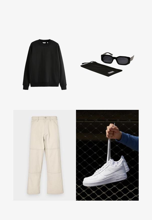 Czarny sweatshirt wykonany z gładkiego materiału, z okrągłym dekoltem i ściągaczami na rękawach. Posiada prosty dół i minimalistyczny design.; Beżowe dżinsy o szerokich nogawkach, wykonane z bawełny o gładkiej fakturze, z potrójnymi szwami na szwach i pięcioma kieszeniami, w tym kieszenią na monety.; Białe skórzane sneakersy z perforacjami, okrągłym noskiem, płaską podeszwą i grubymi sznurówkami, z widocznym logo swoosh i napisem „AIR” na pięcie.; Czernie okulary przeciwsłoneczne z kanciastymi, dużymi oprawkami i ciemnymi soczewkami, w komplecie z czarnym woreczkiem z mikrofibry z logo.