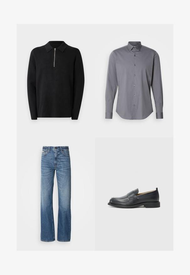 Black pullover with long sleeves and a zippered collar. Made of soft fabric, featuring a smooth texture and a simple, minimalistic design.; Gray long-sleeve button-up shirt made of smooth cotton. Features a classic collar and rounded hem with six dark buttons along the front.; Blue denim jeans with a straight-leg cut, high waist, and subtle fading. Includes a button and zipper closure, and classic five-pocket design.; Black leather loafers featuring a smooth finish, a flat sole, and a rounded toe with a decorative strap across the upper.
