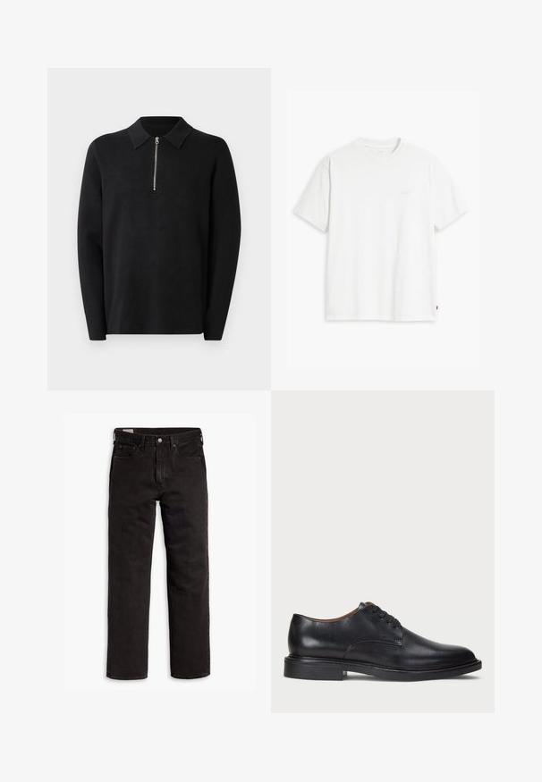Black pullover with long sleeves and a zippered collar. Made of soft fabric, featuring a smooth texture and a simple, minimalistic design.; White cotton t-shirt with short sleeves, round neckline, and a subtle "Levi's" logo printed in light color on the front.; Black straight-leg denim jeans with five pockets, button closure, and belt loops, laid flat on a white background.; Black leather dress shoe with a round toe, lace-up design, and a low stacked heel. Smooth texture with minimal stitching details.