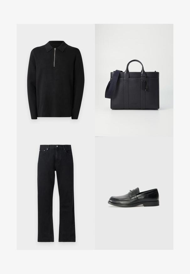 Mustar must pullover, mille pikkade varrukatega ja vetsiga kaelusega. Valmistatud pehmest kangast, millel on sile tekstuur ja lihtne, minimalistik disain.; Mustmustest mustreht relvke, millel on sirge lõige, nööbiga sulgemine, viie-tasku stiil ja tagasihoidlikud õmblusdetailid.; Mustad nahast loafers, millel on ümar nina, kokku õmmeldud disain, väike eesmine rihm varustuse detailidega ja lame kummitald.; Tumedat mere nahkbriefcase kahekordsete ülemiste käepidemetega ja eemaldatava rihmaga. Omab tekstureeritud viimistlust, vertikaalset õmblust ja logodetaili.