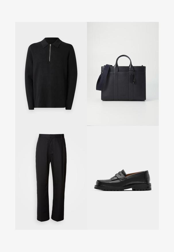 Juodas megztinis ilgomis rankovėmis ir užtrauktuku prie kaklo. Pagamintas iš minkštos medžiagos, pasižymi lygia tekstūra ir paprastu, minimalistiniu dizainu.; Juodos tiesios kelnės, pagamintos iš lengvos medžiagos. Su priekiniais mygtukų užtrauktukais ir dviem šoninėmis kišenėmis; lygi tekstūra.; Juodi odiniai loafersai pasižymi pakelta siūle, dviem dekoratyviais dirželiais ant viršaus ir storu tekstūruotu padu, kad būtų užtikrintas didesnis sukibimas.; Tamsiai mėlynas odinis portfelis su dviem viršutinėmis rankenomis ir nuimamu diržu. Yra tekstūruotas paviršius, vertikalios siūlės ir logotipo detalė.