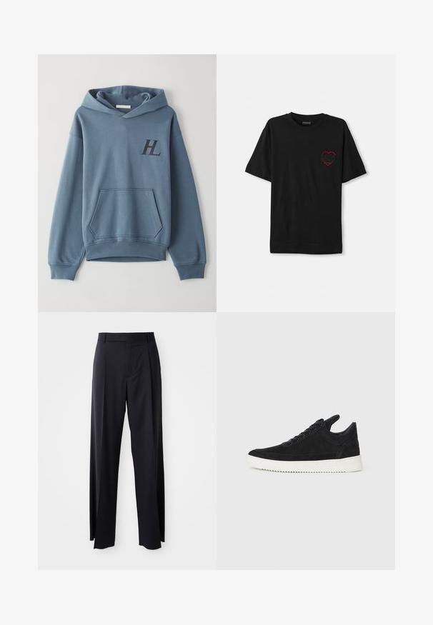 Blue cotton hoodie with a front pocket, ribbed cuffs, and a drawstring hood. Features a black "HL" logo on the chest. Soft texture.; Black cotton t-shirt with short sleeves, featuring a red embroidered heart design on the left chest. Classic crew neckline, relaxed fit.; Black, high-waisted trousers with a wide-leg cut, made of smooth fabric. Features front pleats and belt loops. Minimalistic design, no visible hardware.; Black suede sneaker with a white rubber sole, featuring tonal stitching and lace-up design. Smooth texture with a modern, streamlined shape.