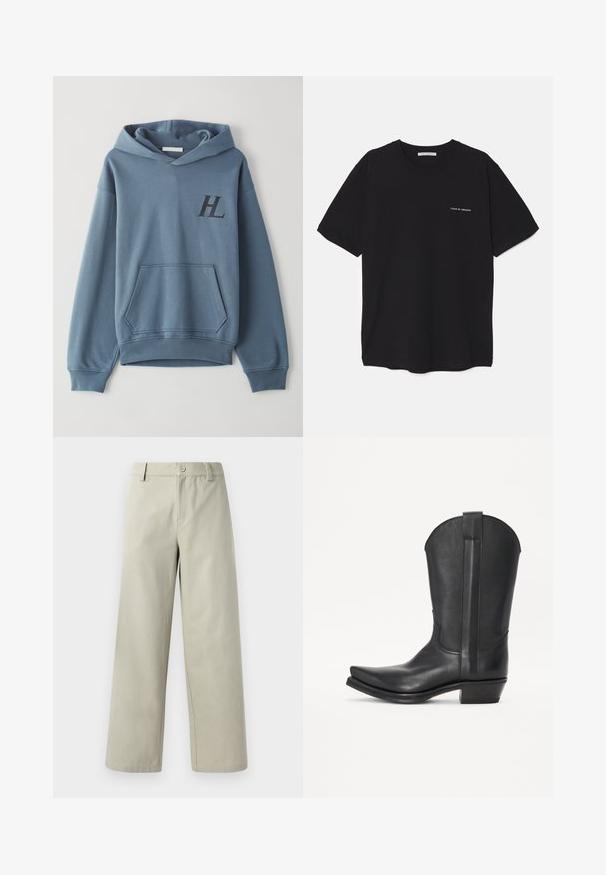Blue cotton hoodie with a front pocket, ribbed cuffs, and a drawstring hood. Features a black "HL" logo on the chest. Soft texture.; Black cotton T-shirt with a crew neck, short sleeves, and a white logo print on the left chest. Simple, solid color design.; Han Kjøbenhavn WIDE LEG - Trousers - light grey; Won Hundred BOGOTA CLEAN UNISEX - Cowboy/Biker boots - black