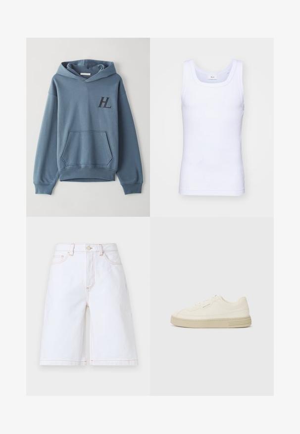 Blaues Baumwoll-Hoodie mit einer frontalen Tasche, gerippten Bündchen und einer Kapuze mit Kordelzug. Mit einem schwarzen "HL"-Logo auf der Brust. Weicher Stoff.; Weißes Baumwoll-Top ohne Ärmel mit rundem Ausschnitt, ausgestattet mit einer glatten Textur und einer figurbetonten Form, ideal für die Freizeit.; Weiße Denim-Shorts mit geradem Schnitt, fünf Taschen und kontrastierenden hellbraunen Nähten. Beinhaltet einen vorderen Knopf- und Reißverschluss.; Weiße Leinen-Sneaker mit einer strukturierten Gummisohle, die eine gestickte Zehenkappe und ein Logo-Detail an der Ferse aufweisen. Einfaches Schnürdesign.