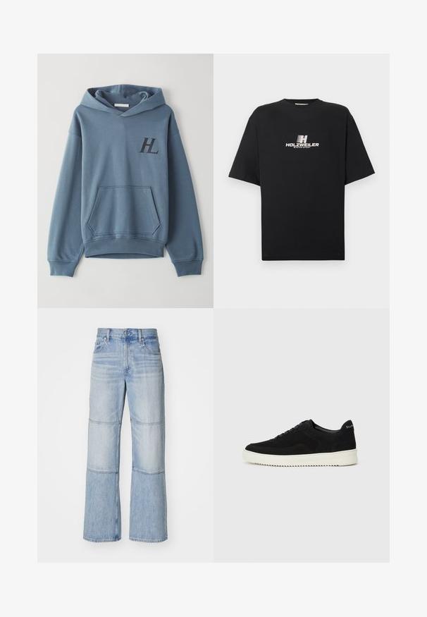 Haut en coton bleu avec une poche avant, des poignets côtelés et une capuche avec cordon. Présente un logo "HL" noir sur la poitrine. Texture douce.; T-shirt en coton noir avec un col rond et des manches courtes. Présente un logo imprimé blanc avec l'inscription "HOLZWEILER WINTERSPORT" à l'avant.; Pantalons en denim bleu clair avec une coupe évasée, incluant des panneaux contrastants et des coutures visibles. Taille haute avec une fermeture à bouton.; Baskets en daim noir avec un design à lacets et une semelle en caoutchouc blanc contrastant. Comprend des panneaux latéraux texturés et un logo subtil sur le talon.