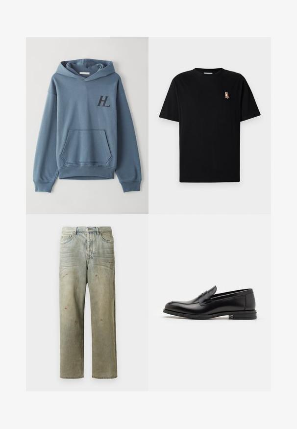 Blaues Baumwoll-Hoodie mit einer frontalen Tasche, gerippten Bündchen und einer Kapuze mit Kordelzug. Mit einem schwarzen "HL"-Logo auf der Brust. Weicher Stoff.; Schwarzes Kurzarm-T-Shirt mit Rundhalsausschnitt und kleinem gesticktem orangen Fuchs-Logo auf der linken Brust.; Distressed Denim-Jeans in Hellgrün, mit geradem Bein, Fünf-Taschen-Design und ungleichmäßiger Ausbleichung sowie Farbspritzern.; Schwarze Lederloafers mit glatter Textur, rundem Zehenbereich und einem dekorativen Riemen über dem Vorderfuß. Niedriger, gestapelter Absatz, minimalistisches Design.