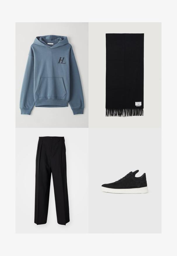 Blå bomulds-hoodie med en frontlomme, ribbede manchetter og hætte med snøre. Har et sort "HL" logo på brystet. Blød tekstur.; Sorte plisserede bukser med et lige, bred ben-design. Fremstillet af glat stof, med en knaplukning og bæltesløjfer.; Sort ruskinds sneaker med en hvid gummisål, der har tonalt syet detalje og snørredesign. Glat tekstur med en moderne, strømlinet form.; Sort tørklæde lavet af blødt stof, med lange frynser i enderne og et lille mærkeskilt på den ene side.