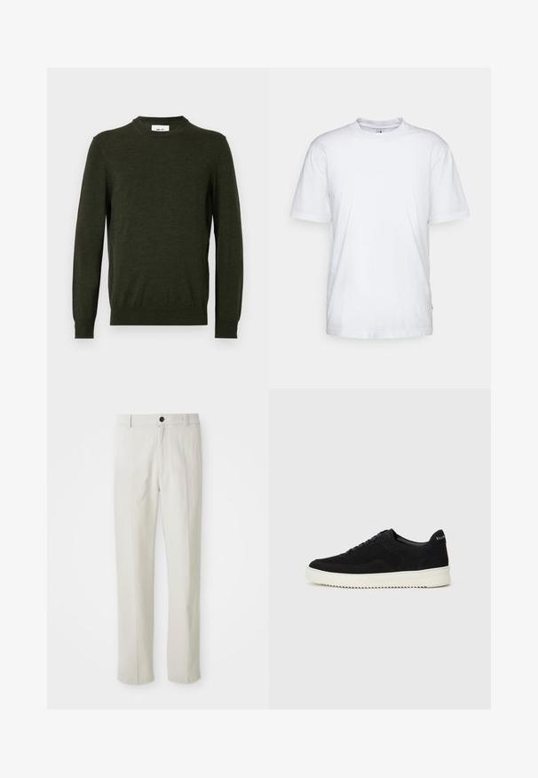 Σκούρο πράσινο πουλόβερ από υφασμάτινο μείγμα μαλλιού, με στρογγυλή λαιμόκοψη και μακριά μανίκια, διαθέτοντας ριμπ ύφανση στους καρπούς και στο τελείωμα.; Λευκό βαμβακερό μπλουζάκι με στρογγυλή λαιμόκοψη, κοντά μανίκια και ευθεία ραφή στο κάτω μέρος. Διαθέτει μια μικρή ετικέτα της μάρκας στη δεξιά πλευρική ραφή.; Μπέζ παντελόνι ίσιας γραμμής με θηλιές ζώνης, πρόσθιο κουμπί και κλείσιμο με φερμουάρ, εκτεθειμένο επίπεδα πάνω σε λευκό φόντο.; Μαύρο σουέτ αθλητικό παπούτσι με σχέδιο κορδονιών και λευκή λαστιχένια σόλα σε αντίθεση. Διαθέτει υφαντές πλαϊνές πάνελ και διακριτική σήμανση στην φτέρνα.