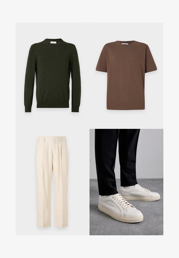 Pull vert foncé en mélange de laine texturée, avec un col rond et des manches longues, doté de poignets et d'un ourlet côtelés.; T-shirt en coton marron avec un col rond, des manches courtes et un petit logo imprimé sur le devant. Texture de tissu lisse, coupe décontractée.; NN.07 KAY - Pantalon classique - off white; Baskets en cuir beige clair avec des lacets plats, une surface texturée et une semelle en caoutchouc crème contrastante, associées à un pantalon noir fuselé.