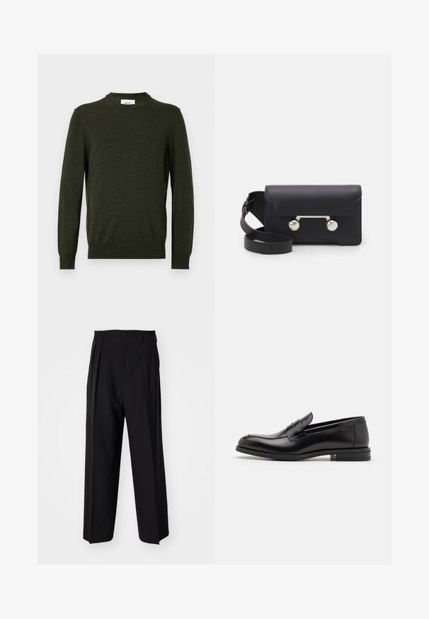 Pull vert foncé en mélange de laine texturée, avec un col rond et des manches longues, doté de poignets et d'un ourlet côtelés.; Pantalons plissés noirs avec un design droit et large. Fabriqués en tissu lisse, avec une fermeture à bouton et des passants de ceinture.; Mocassins en cuir noir avec une texture lisse, bout rond et une sangle décorative sur le dessus. Talon bas empilé, design minimaliste.; Sac bandoulière en cuir noir avec un rabat, accessoires en métal argenté et deux accents ronds. Doté d'une bandoulière amovible. Texture lisse.
