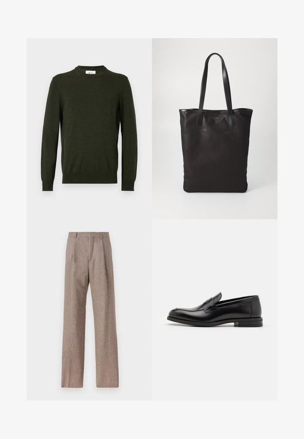 Pull vert foncé en mélange de laine texturée, avec un col rond et des manches longues, doté de poignets et d'un ourlet côtelés.; Pantalons marron taille haute en tissu texturé. Présente des jambes larges et deux plis avant pour la structure. Finition soignée sans matériel visible.; Mocassins en cuir noir avec une texture lisse, bout rond et une sangle décorative sur le dessus. Talon bas empilé, design minimaliste.; Sac fourre-tout en toile noire avec des poignées en cuir noir. Design simple, corps spacieux et texture lisse. Pas de logos ou motifs visibles.