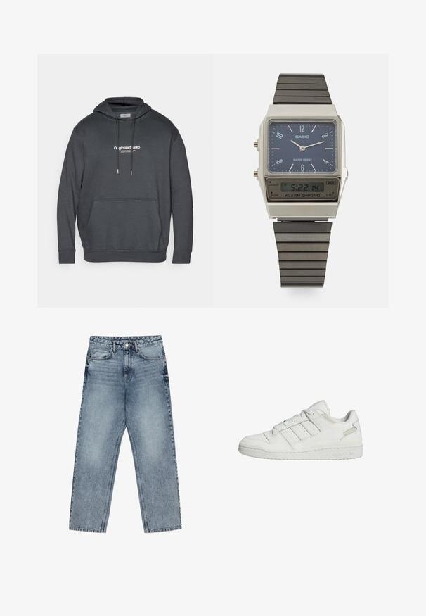 Tummanharmaa huppari, joka on valmistettu pehmeästä kankaasta. Siinä on naruvarsi, etupuolen kengurutasku ja valkoiset tekstitunnus rinnassa.; Vaaleansiniset farkut, joissa on suora lahje, näkyvät tikkaus, viisi taskua ja napin suljenta vyötäröllä.; Valkoiset Adidas matalavartiset lenkkarit, joissa on kolme raitaa sivussa, nauhakiinnitys ja pehmustettu pohja.; Casio digitaalikello, jossa on sininen kellotaulu, hopeinen kuori ja kerroksellinen musta kumihihna. Näyttää ajan ja hälytysasetukset. Vedenkestävä.