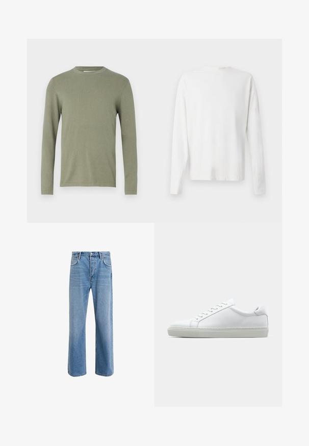 Garš sleeves džemperis olīvu zaļā krāsā, izgatavots no mīkstas adītas materiāla. Satur apaļu kakla izgriezumu un ribotas aproces, ar gludu tekstūru visā virsmā.; Garums piedurkņu baltā kokvilnas krekls ar apaļu dekoltē, sānu šķēlumiem apakšā un gludu tekstūru, redzams no aizmugures.; Gai zilas džinsu bikses ar taisnām kājām, piecām kabatām, pogu aizvēršanu, minimālu izbalēšanu un kontrastējošiem šuvju elementiem.; Baltie sporta apavi ar gludu ādas virsu un zemu profilu. Iezīmējas ar noapaļotu purngalu, sešām acīm un teksturētu gumijas zoli.