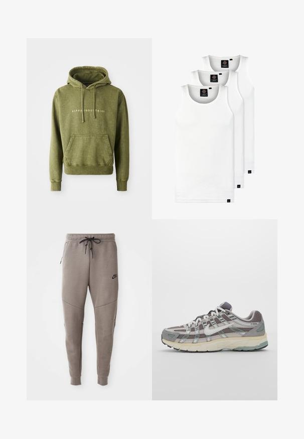 Hanorac verde măslin, fabricat dintr-un material moale, dotat cu buzunar tip cangur, glugă cu șnur și logo-ul brodat "ALPHA INDUSTRIES" în alb.; Trei maieuri albe ribbate din bumbac. Au un guler rotund și etichete negre mici lângă tiv. Disponibile în mai multe mărimi.; Pantaloni de trening gri Nike cu un braț de strângere la talie, picioare conice, buzunare laterale și detalii de cusătură distincte. Material moale, texturat.; Pantofii sport gri sunt realizați dintr-un amestec de plasă și piele întoarsă, cu accente albe, o talpă bine îmbrăcată și un design distinctiv cu elemente reflectorizante.