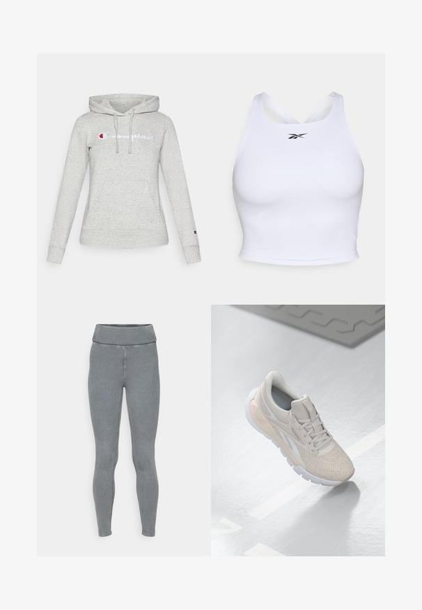 Svetlošedá mikina s kapucňou vyrobená z mäkkého materiálu; má predné vrecko, nastaviteľnú kapucňu so šnúrkou a vyšívané logo 'Champion' v modrej a červenej farbe.; Biely športový crop top vyrobený z hladkej, elastickej tkaniny. Má dizajn s prekríženými popruhmi na zadnej strane a malú čiernu logo na prednej strane.; Sivé rebrované legíny s širokým elastickým pásom a zúženým strihom. Vyrobené z pružného materiálu s hladkou textúrou.; Svetlo béžová atletická obuv s perforovaným zvrškom, textúrovanými akcentmi, polstrovaným golierom a bielou gumovou podrážkou, navrhnutá pre pohodlie a priedušnosť.