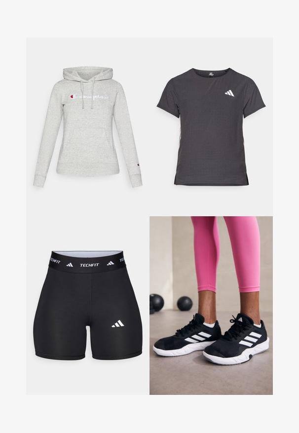 Gaiši pelēks kapucis, kas izgatavots no mīksta auduma; tam ir priekšējā kabata, regulējams šņore kapuces un izšūts "Champion" logo zilā un sarkanā krāsā.; Īsām piedurkņu sporta T-krekls, tumši pelēks ar perforētu tekstūru. Iespējots ar baltu logotipu un kontrastējošām sānu svītrām. Apaļa kakla izgriezums.; Melnas šortus, izgatavotus no elastīga auduma, ar pieguļošu dizainu. Iezīmēts ar plašu melnu jostasvietu, uz kuras ir uzraksts "TECHFIT", un ar baltu logotipu uz kājas.; Melnas sporta kurpes ar baltām svītrām, teksturēta sieta augšdaļa un balta zole. Nēsātas ar rozā legingiem, demonstrējot treniņu apģērbu.