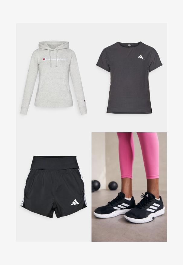 Lys grå hettegenser laget av myk stoff; har en frontlomme, justerbar snorhette, og brodert "Champion"-logo i blått og rødt.; Kortermet treningstrøye, mørkegrå med perforert tekstur. Har en hvit logo og kontrasterende side-striper. Rund halslinje.; Sorte treningsshorts laget av lett materiale, med bred midjebånd, hvite sidestreker og en liten hvit logo på den nederste kanten.; Svarte treningssko med hvite striper, teksturert mesh-overdel og hvit såle. Brukt med rosa leggings, som viser frem treningsklær.
